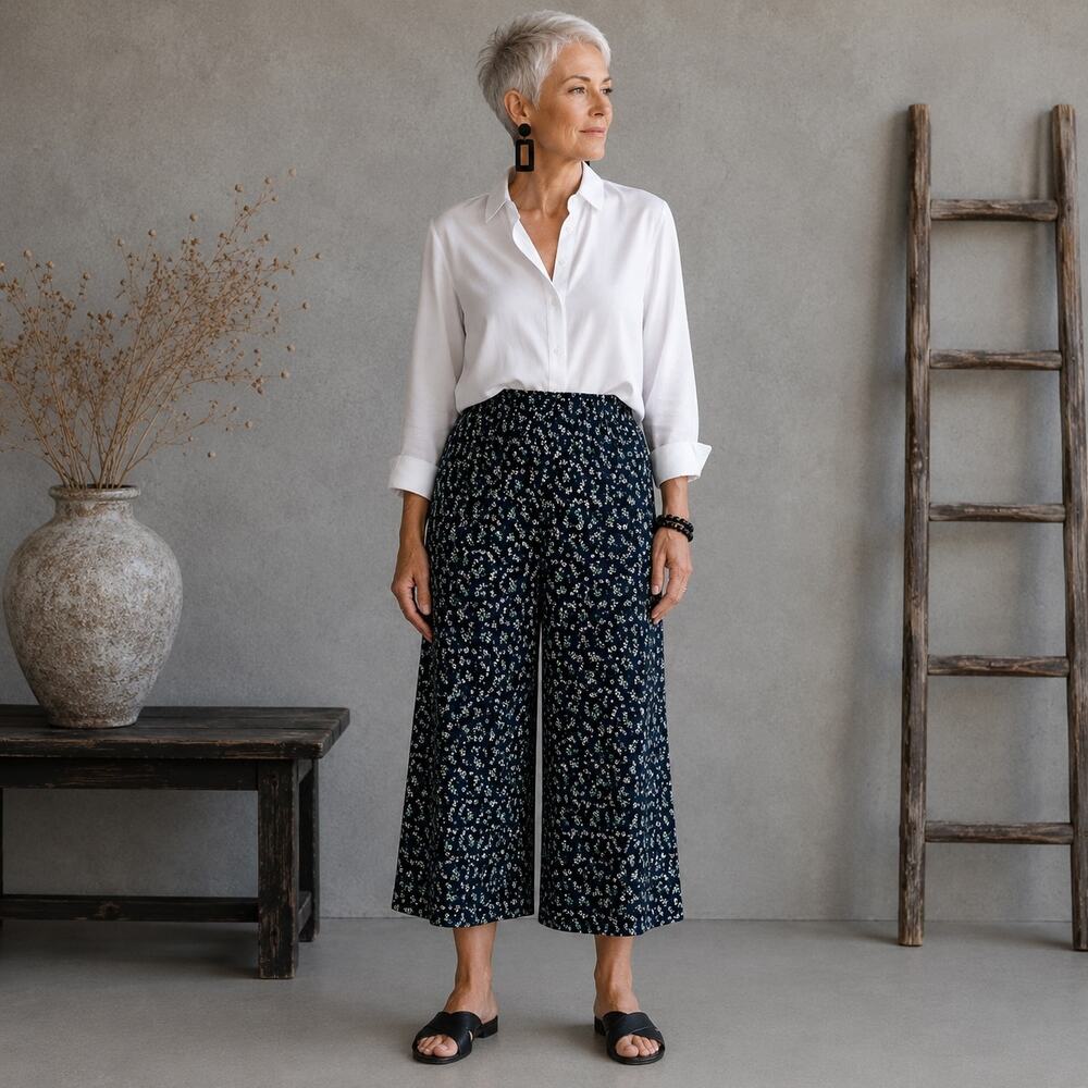 J Jill Navy Floral Pull On Split Leg Palazzo Pants Large
